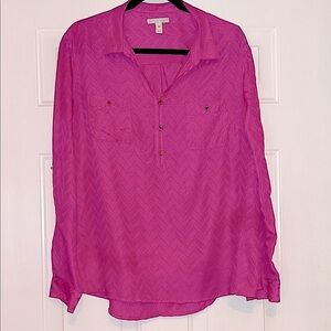 Dana Buchman Women's Button-Up Blouse XL Pink Pullover Roll Tab Sleeves Career